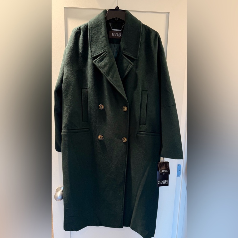 Women's Badgley Mischka Bottle Green Double Breasted Coat - Size L - Wool Blend